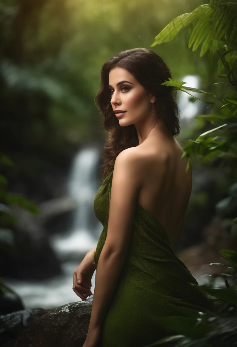 (1woman), extremely detailed CG unified 8k wallpaper, Highly detailed, High-definition raw color photos, professional photograpy, Realistic portrait, celebrities, makeup, straight hair, brunette, (Big breasts:1.3), (Wear natural leaves on her body:1.6), outdoors, jungle, (Landscape with heavy rain in jungle:1.2), (waterfalls:1.5), ((rivers)), heavy Rain, (whole body soaked:1.3), (((Bokeh))), depth of fields,