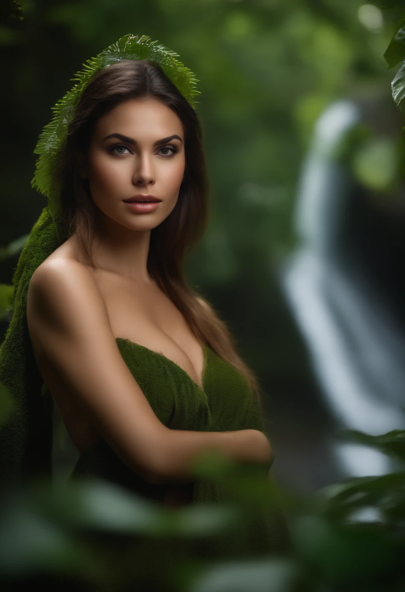 (1woman), extremely detailed CG unified 8k wallpaper, Highly detailed, High-definition raw color photos, professional photograpy, Realistic portrait, celebrities, makeup, straight hair, brunette, (Big breasts:1.3), (Wear natural leaves on her body:1.6), outdoors, jungle, (Landscape with heavy rain in jungle:1.2), (waterfalls:1.5), ((rivers)), heavy Rain, (whole body soaked:1.3), (((Bokeh))), depth of fields,