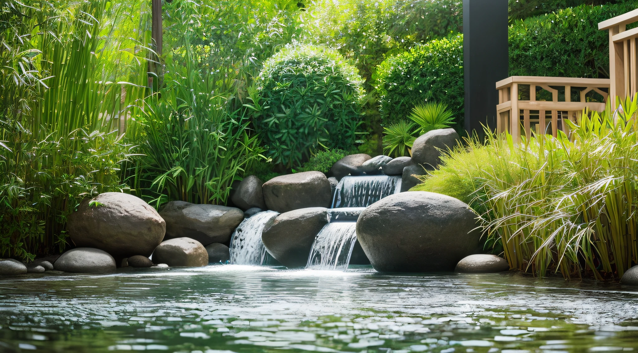 zen garden with water fountain with bamboo and flower, water falling from the bamboo spout with black stones around a sheet of water and blurred green background