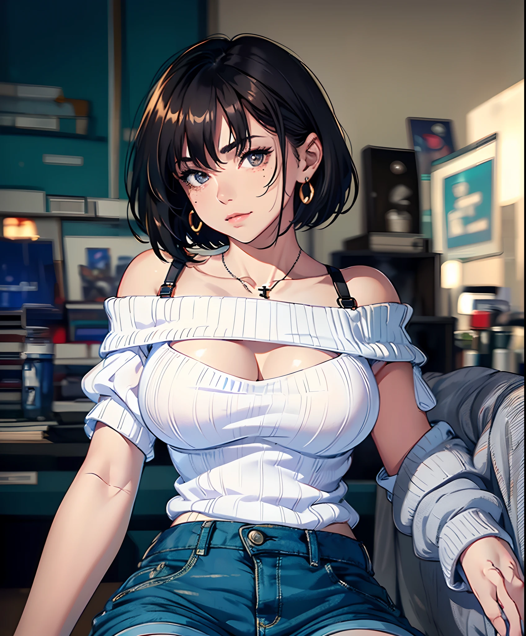 (short hair woman), (off-shoulder sweater, oversized sweater), (hiden short pants), (cross-legged sitting, hands lying on thighs), on bed, medium breasts, deep cleavage, best quality, masterpiece, illustration, very delicate and beautiful, very detailed skin, CG, Unity, 8K wallpapers, amazing, fine detail, highly detailed CG Unity 8K wallpapers, huge file size, high resolution, handsome detailed woman, very detailed eyes and face, Stunning detailed eyes, light on the face, (Best illustration: 1.1), (best shadow: 1.1), ultra high resolution, (photorealistic: 1.1), (photorealistic 1.2:1.1), realistic face proportions,slim,smile,(fluffy black eyes: 1.21), black eyes, looking at the viewer, dark brown hair, earrings, necklaces, hairpins, full body shots, (irregular skin imperfections,veins,moles,skin wrinkles,pores: 1.2), (dark night background: 1.2), (bokeh: 1.4),