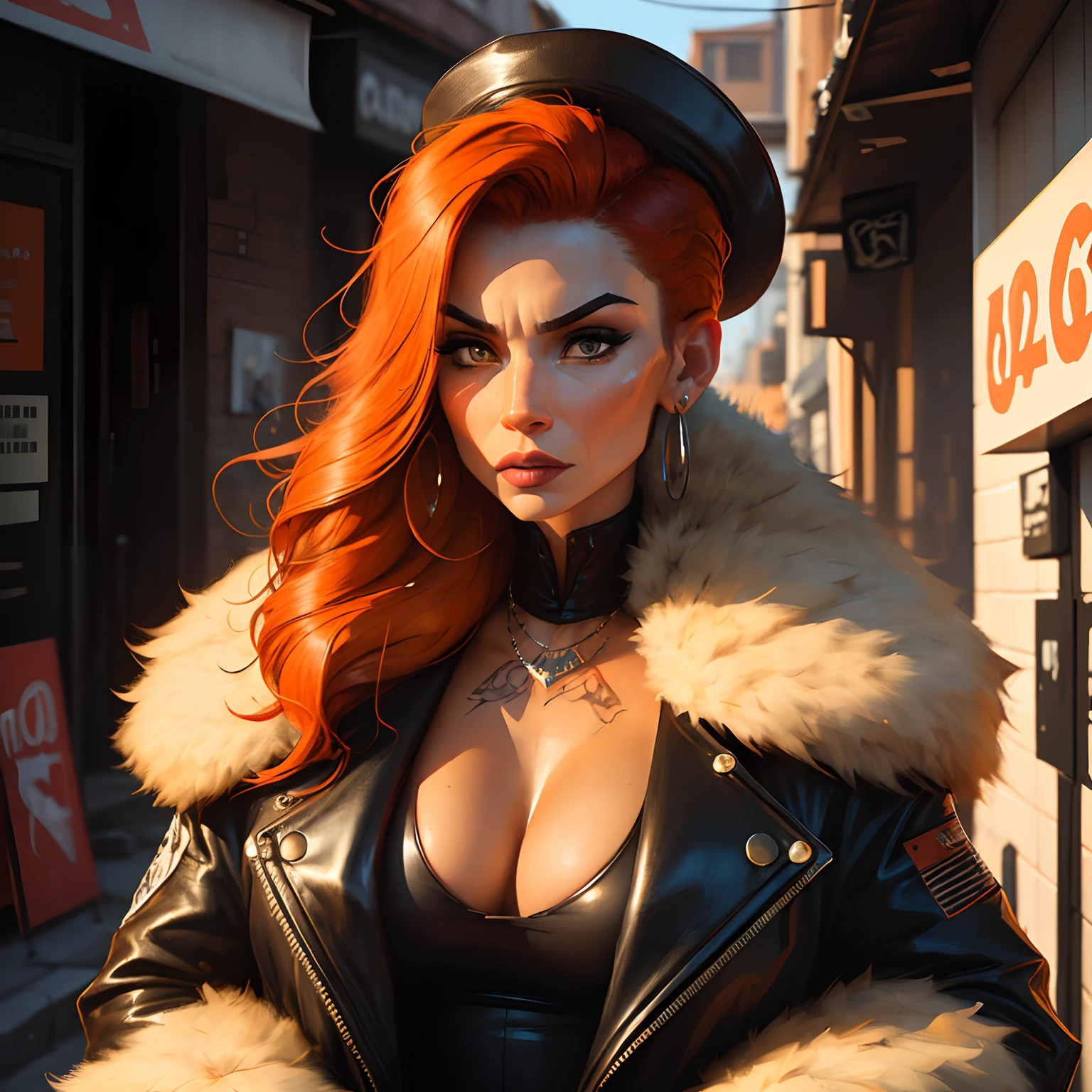 (gangster milf),(portrait),(orange hair),(40 years old),(hd),(detailed expression),(intimidating gaze),(tattoos),(elegant clothing),(wide-brimmed hat),(cigarette),(confident posture),(dark lipstick),(stern face),(piercing eyes),(sharp cheekbones),(visible stubble),(stylish jewelry),(sparkling earrings),(sleek hairstyle),(strong jawline),(subtle facial scars),(luxurious fur coat),(colorful background),(vibrant lighting),(gritty texture),(urban setting),(