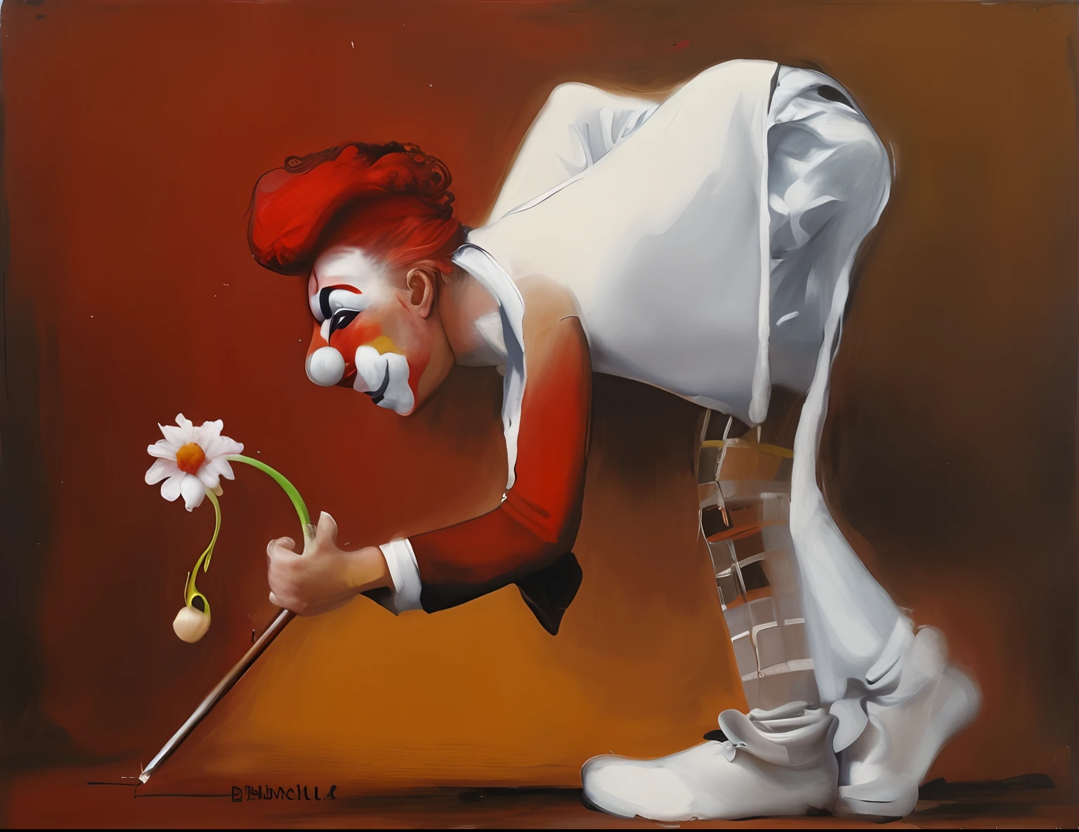 Painting of a clown with a flower in his hand, ultra humorous oil painting, pegando uma flor, inspirado em Louis Anquetin, very humorous oil painting, Directed by: Louis Anquetin, arte caprichosa, Directed by: Bohumil Kubista, Directed by: Eugenio Granell, arte surrealista emocional, Directed by: Enzo Cucchi, pintura surrealista, communist clown painting