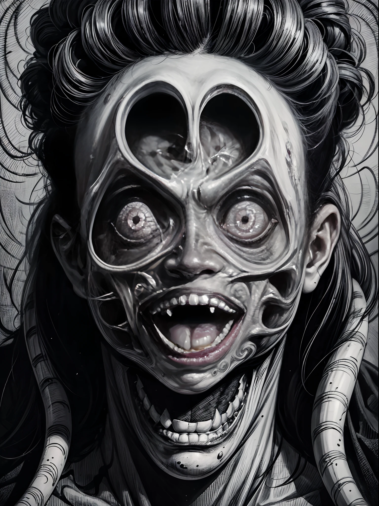 (Junji Ito:1.5), creepy, dark, black and white, detailed (manga line art illustration) of (beautiful girl), scared, horrified, terrified, insane, creepy, unsettling, disturbing, (horror manga style), twisted, warped, psychological horror, grotesque, morbid, surreal, H.R.Giger