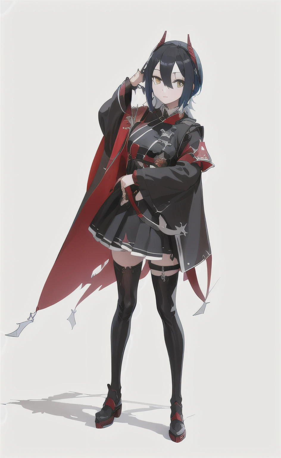 anime character dressed in black and red with a cape, female protagonist 👀 :8, official character art, from azur lane, full body xianxia, 1 7 - year - old anime goth girl, rpg portrait full body, inspired by Li Chevalier, azur lane style, with cape, fus rei, anime full body illustration, gothic maiden anime girl, from arknights stating on a battleship deck