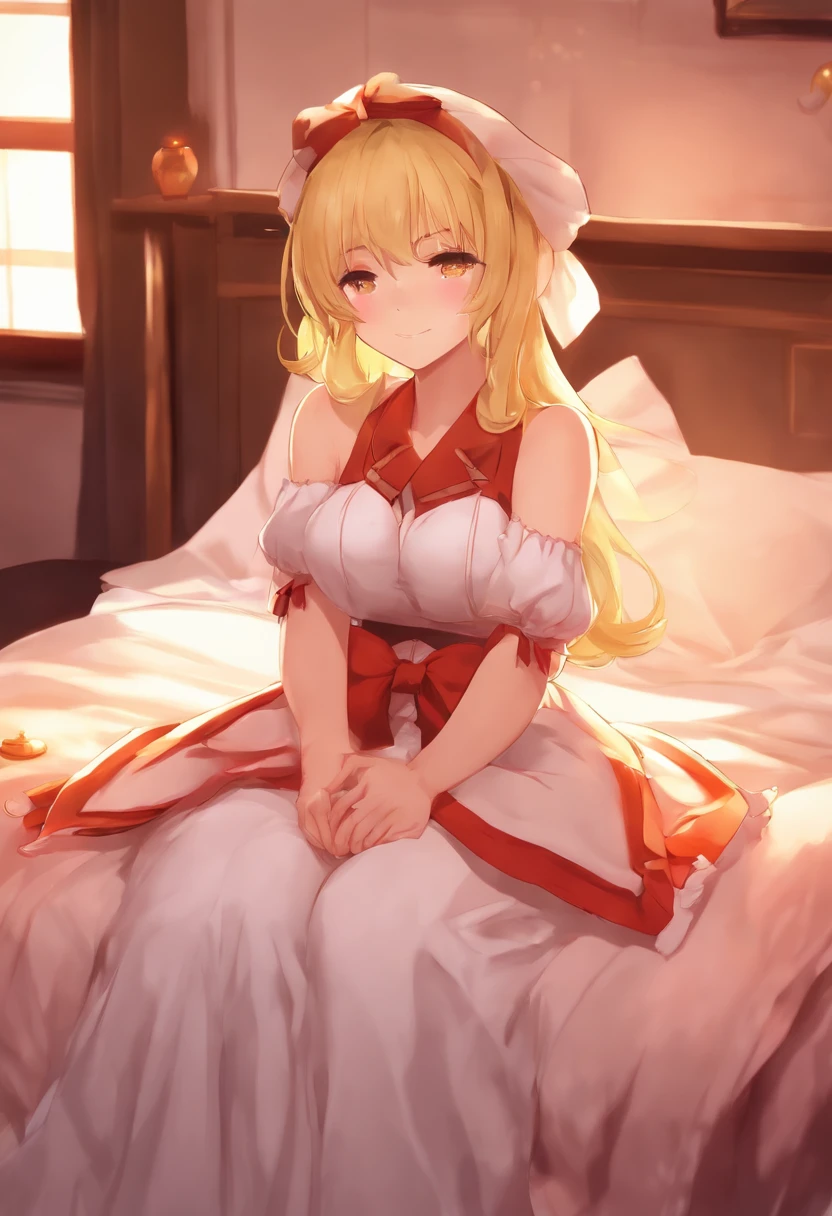 touhou project, Flender Scarlett sitting on bed in JK uniform, Hands crossed at waist, Light yellow hair, Warm lighting, Blurred foreground, Cute, , anime big breast, 4K, have demon wings, Shower cap, Masterpiece, Upper body