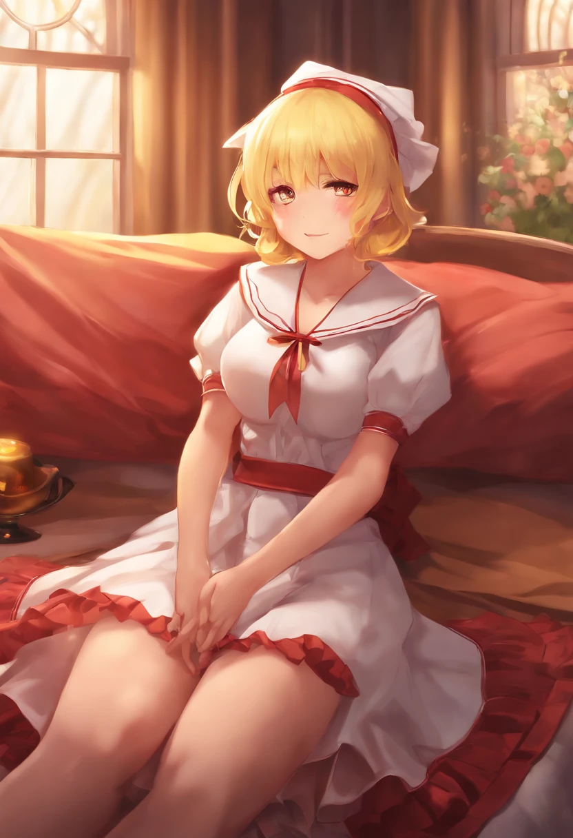touhou project, Flender Scarlett sitting on bed in JK uniform, Hands crossed at waist, Light yellow hair, Warm lighting, Blurred foreground, Cute, Loli, anime big breast, 4K, have demon wings, Shower cap, Masterpiece, Upper body