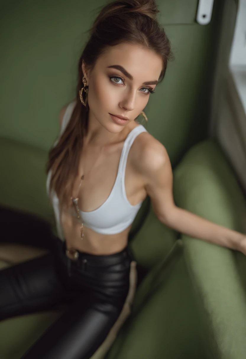 arafed woman with a white tank top and a necklace, y girl with green eyes, portrait sophie mudd, brown hair and large eyes, selfie of a young woman, bedroom eyes, violet myers, without makeup, natural makeup, looking directly at the camera, face with artgram, subtle makeup, stunning full body shot, piercing green eyes, beautiful angle, attractive pose, cute girl, sexose, full body picture, full body, full body shoot, brunette goddess, high detail, satisfied pose, leather pants