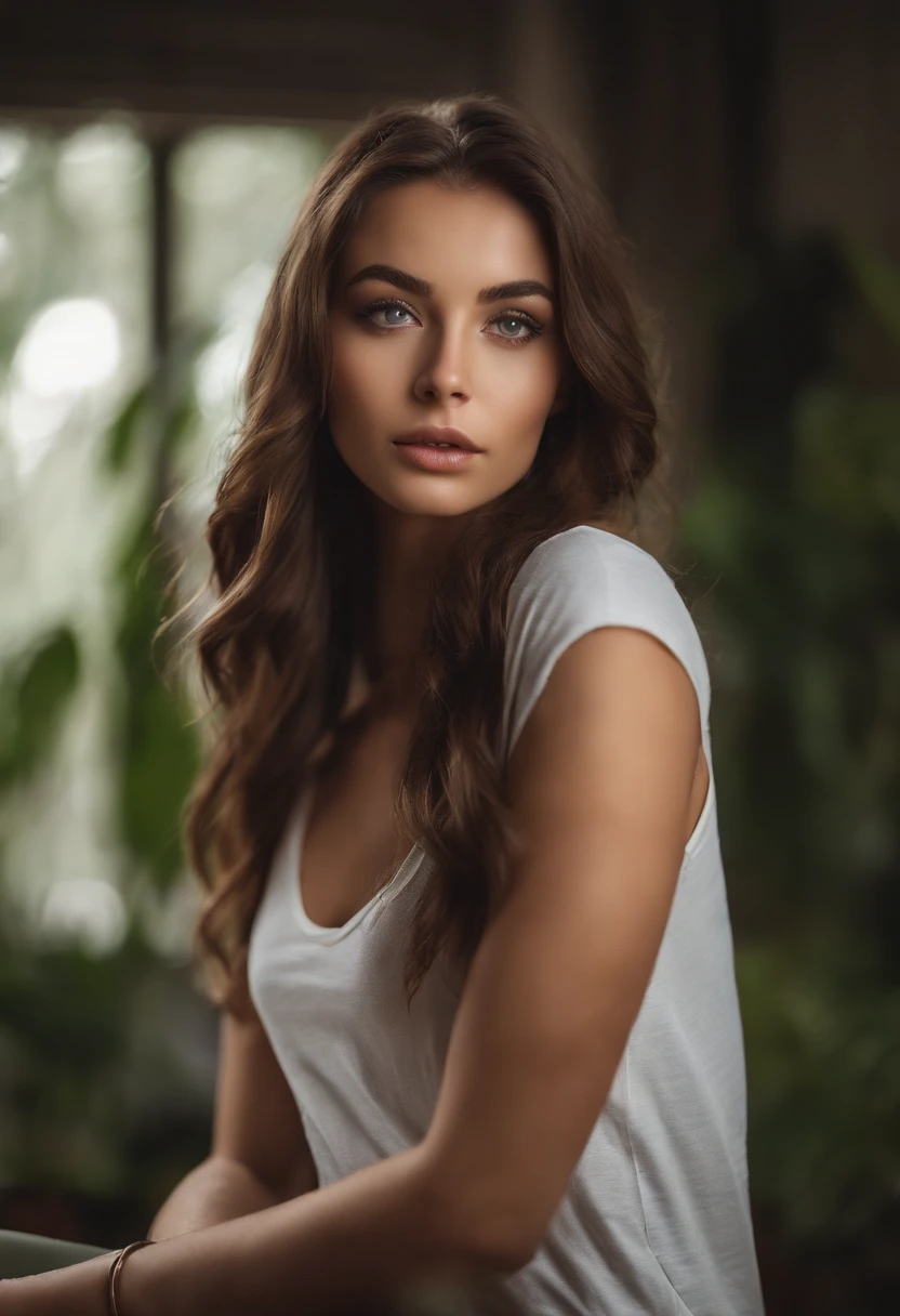 arafed woman with a white tank top and a necklace, sexy girl with green eyes, portrait sophie mudd, brown hair and large eyes, selfie of a young woman, bedroom eyes, violet myers, without makeup, natural makeup, looking directly at the camera, face with artgram, subtle makeup, stunning full body shot, piercing green eyes, beautiful angle, attractive pose, cute girl, sexy pose, full body picture, full body, full body shoot, brunette goddess, high detail, satisfied pose, leather pants