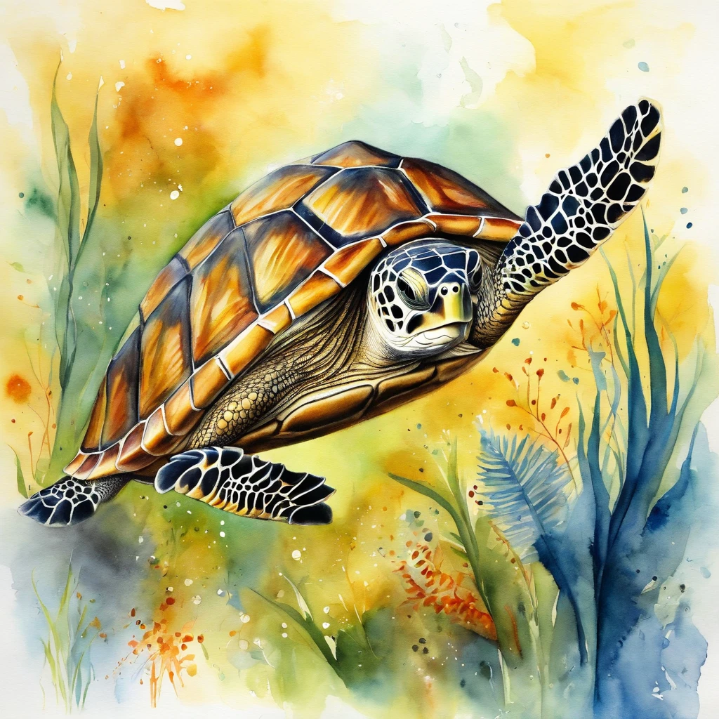 Turtle, angelfish-fins, yellow with black stripes, yellow shell with black stripes, masterpiece, best quality