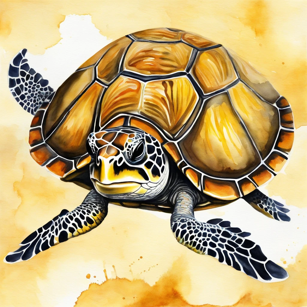 Turtle, angelfish-fins, yellow with black stripes, yellow shell with black stripes, masterpiece, best quality