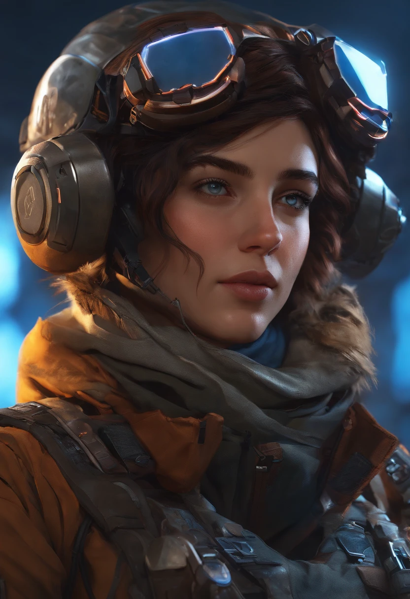 Masterpiece, Best quality, , (Solo), 1girll, Look up, Dim light, , horizon_(apex legends), goggles, Blue eyes, Brown hair, mitts, Shoulder armor, Headwear, (freckle:0.5), , (Science_fiction), Outdoors, street, Neon lights, Cyberpunk,