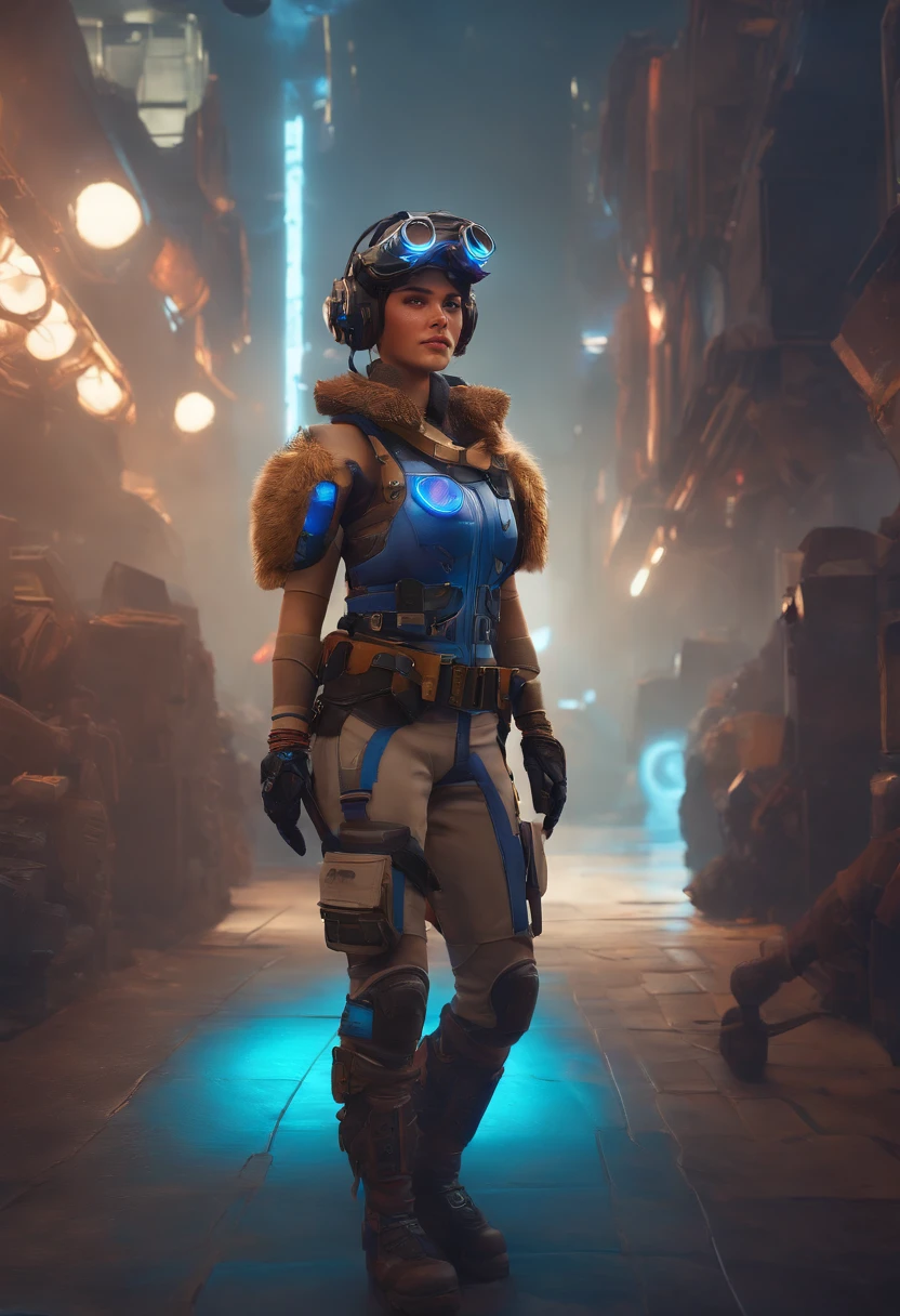 Masterpiece, Best quality, , (Solo), 1girll, Look up, Dim light, , horizon_(apex legends), goggles, Blue eyes, Brown hair, mitts, Shoulder armor, Headwear, (freckle:0.5), , (Science_fiction), Outdoors, street, Neon lights, Cyberpunk,