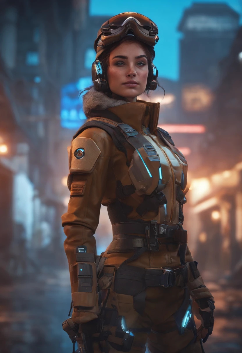 Masterpiece, Best quality, , (Solo), 1girll, Look up, Dim light, , horizon_(apex legends), goggles, Blue eyes, Brown hair, mitts, Shoulder armor, Headwear, (freckle:0.5), , (Science_fiction), Outdoors, street, Neon lights, Cyberpunk,