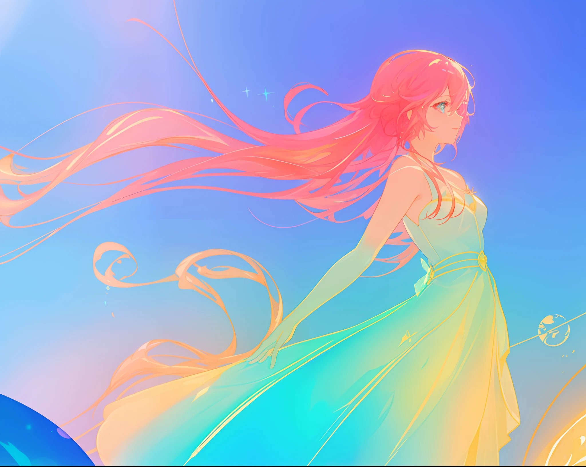 beautiful anime girl in colorful ballgown, vibrant pastel colors, (colorful), magical lights, sparkling liquid light, inspired by Glen Keane, inspired by Lois van Baarle, disney art style, by Lois van Baarle, glowing aura around her, by Glen Keane, jen bartel, glowing lights! digital painting, flowing glowing hair, glowing flowing hair, beautiful digital illustration, fantasia background, whimsical, magical, fantasy, beautiful face, ((masterpiece, best quality)), intricate details, highly detailed, sharp focus, 8k resolution, sparkling detailed eyes, liquid watercolor