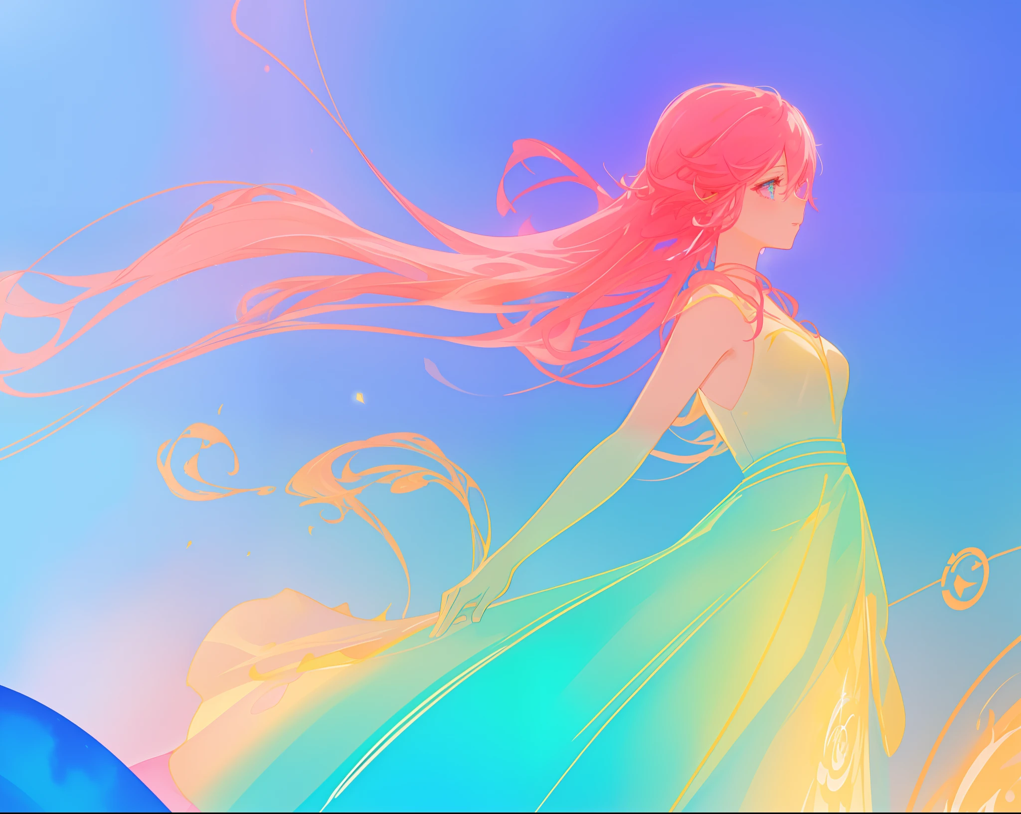 beautiful anime girl in colorful ballgown, vibrant pastel colors, (colorful), magical lights, sparkling liquid light, inspired by Glen Keane, inspired by Lois van Baarle, disney art style, by Lois van Baarle, glowing aura around her, by Glen Keane, jen bartel, glowing lights! digital painting, flowing glowing hair, glowing flowing hair, beautiful digital illustration, fantasia background, whimsical, magical, fantasy, beautiful face, ((masterpiece, best quality)), intricate details, highly detailed, sharp focus, 8k resolution, sparkling detailed eyes, liquid watercolor