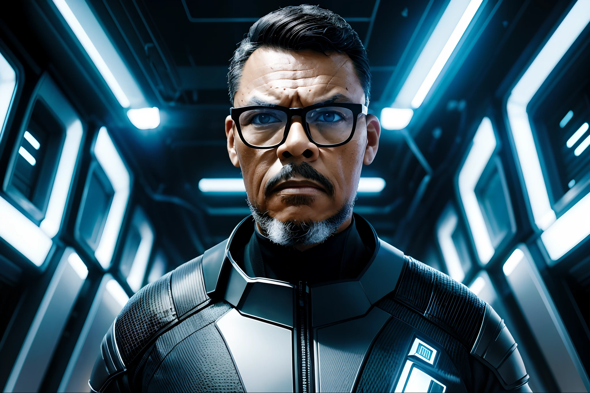 guttoepic2, Create a magazine cover illustration of a bespectacled man wearing the attire of characters from the movie 'Tron: Legacy.' He poses for the photograph. The scene is set in a digital world from the film called 'the Grid,' featuring futuristic buildings in the background, characteristic of the movies, and significant depth of field. Generate a prompt for an ultra-realistic image with extreme character details.