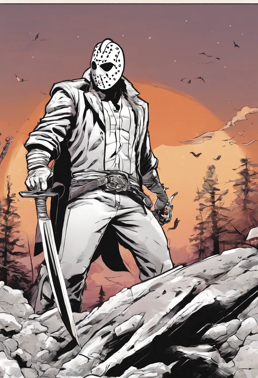 Jason standing with a knife in his hand, clima sombrio e assustador