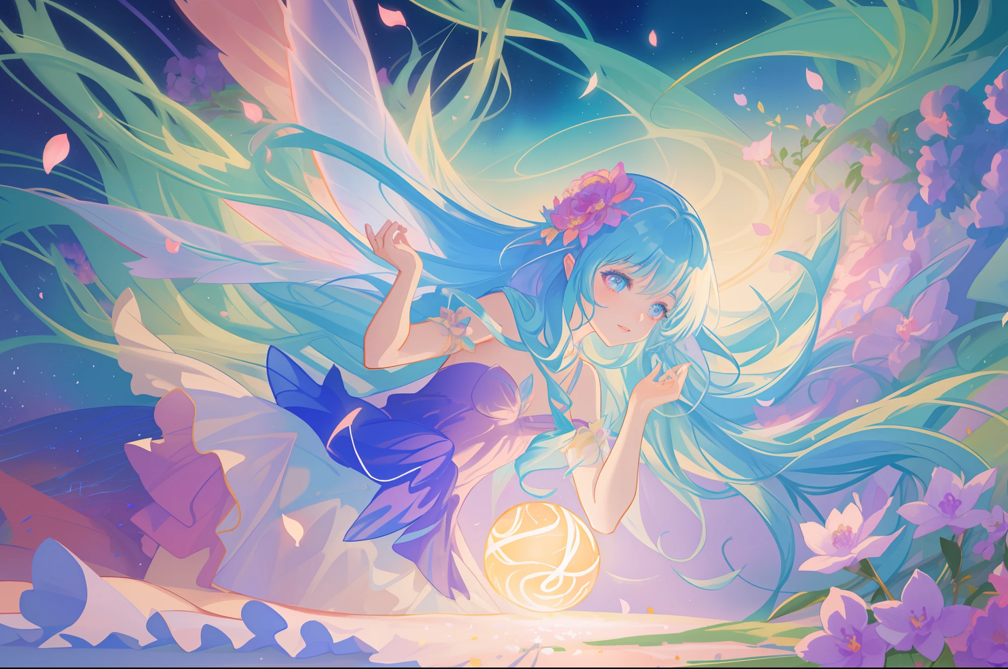beautiful girl in fairy dress made of flower petals, beautiful fairy queen surrounded by colorful tiny pixies and fairies, glowing tiny fairies, (glowing fairy wings), glowing flowing ballgown, long wavy hair, sparkling fairy wings, watercolor illustration, flowers and colorful plants, inspired by Glen Keane, inspired by Lois van Baarle, disney art style, by Lois van Baarle, glowing aura around her, by Glen Keane, jen bartel, glowing lights! digital painting, flowing glowing hair, glowing flowing hair, beautiful digital illustration, fantasia otherworldly landscape plants flowers, beautiful, masterpiece, best quality, anime disney style
