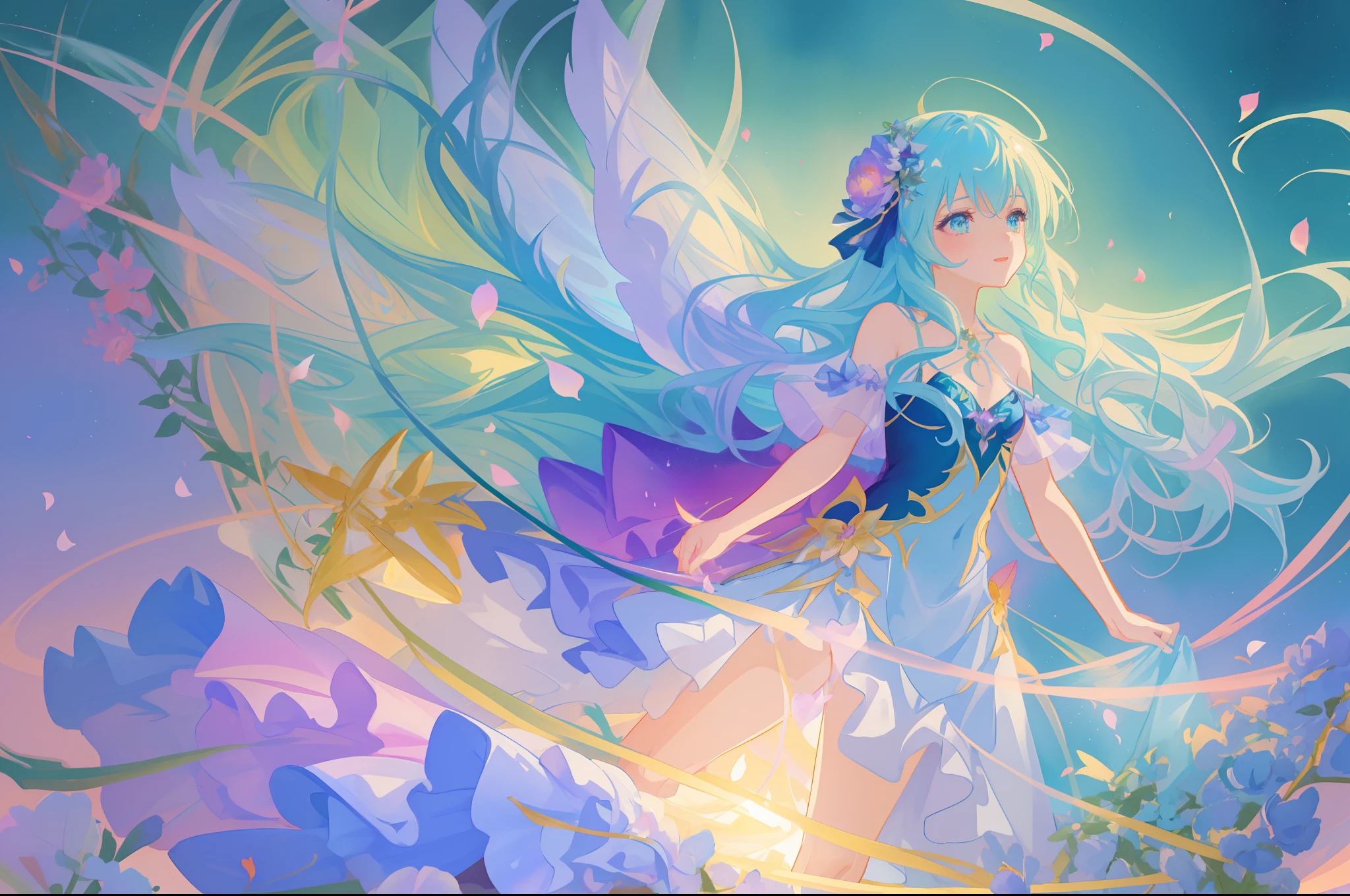 beautiful girl in fairy dress made of flower petals, beautiful fairy queen surrounded by colorful tiny pixies and fairies, glowing tiny fairies, (glowing fairy wings), glowing flowing ballgown, long wavy hair, sparkling fairy wings, watercolor illustration, flowers and colorful plants, inspired by Glen Keane, inspired by Lois van Baarle, disney art style, by Lois van Baarle, glowing aura around her, by Glen Keane, jen bartel, glowing lights! digital painting, flowing glowing hair, glowing flowing hair, beautiful digital illustration, fantasia otherworldly landscape plants flowers, beautiful, masterpiece, best quality, anime disney style