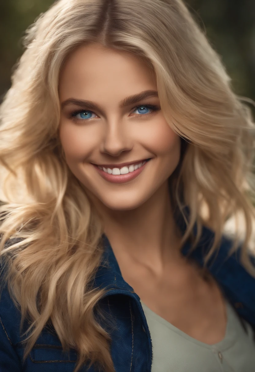 Cristia Ott, 1girll, Solo, Krista Lentz, Smile, hair between eye, Blue eyes, Blonde hair, Jacket, Medium hair,