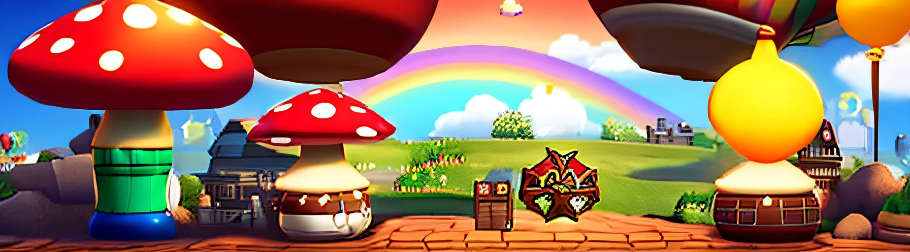 banner for videogame store mushroom gun sword shield staff balloon potion horizontal scale