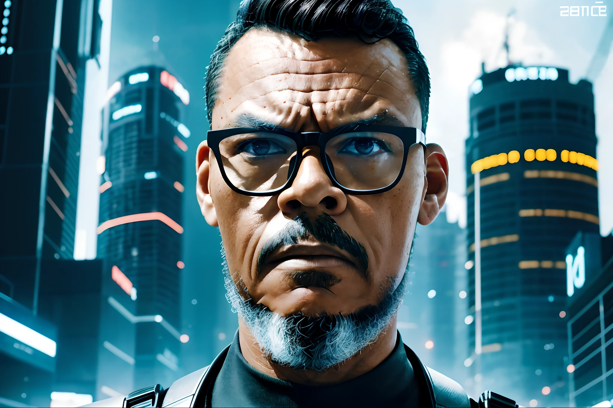 guttoepic2, Create a magazine cover illustration of a bespectacled man wearing the attire of characters from the movie 'Tron: Legacy.' He poses for the photograph. The scene is set in a digital world from the film called 'the Grid,' featuring futuristic buildings in the background, characteristic of the movies, and significant depth of field. Generate a prompt for an ultra-realistic image with extreme character details.