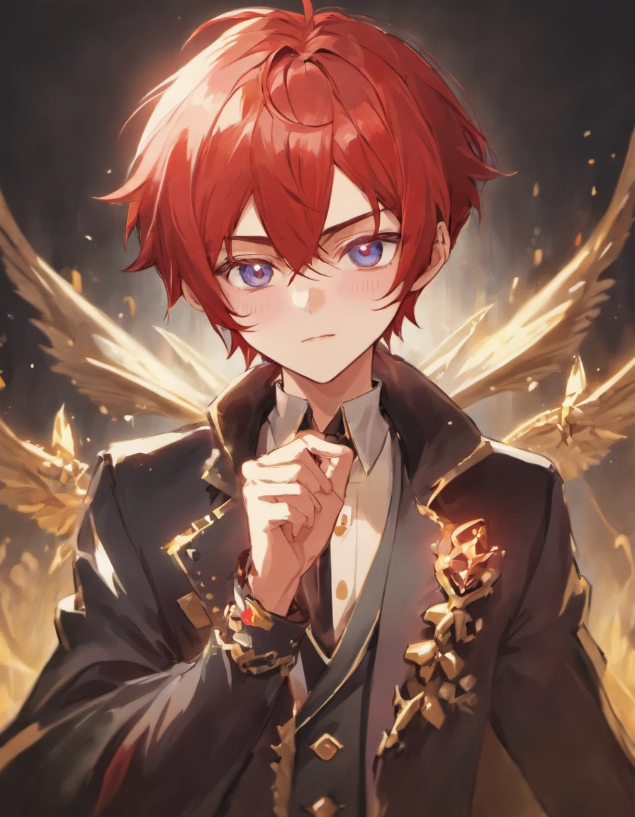 Cute vampire elf Boy, red hair, aristocratic prince, fancy dressed, wrist jacket，There are freckles on the cheeks，Blushlush
