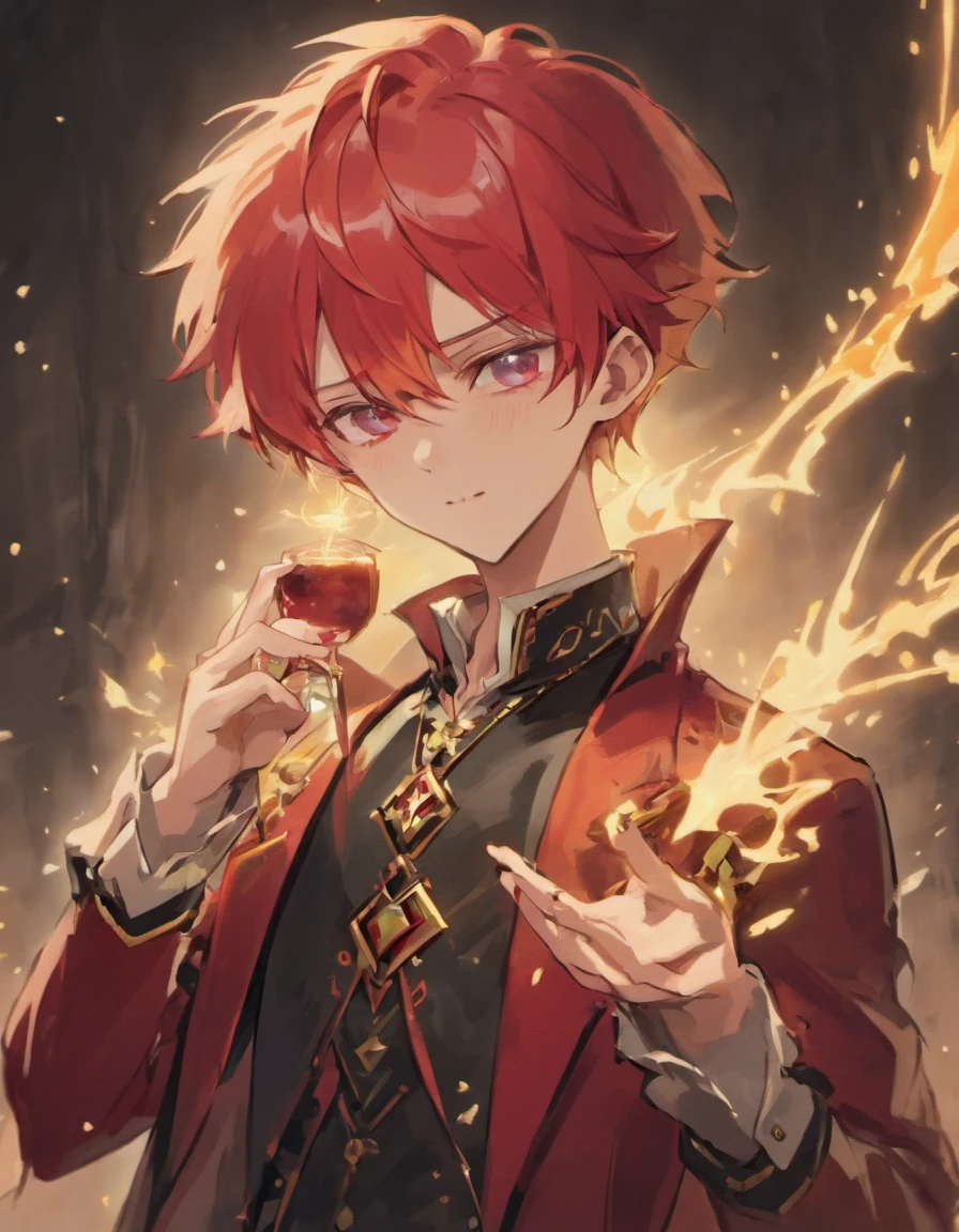 Cute vampire elf Boy, red hair, aristocratic prince, fancy dressed, wrist jacket,There are freckles on the cheeks,Blushlush