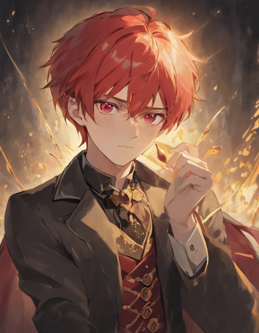 Cute vampire elf Boy, red hair, aristocratic prince, fancy dressed, wrist jacket,There are freckles on the cheeks,Blushlush
