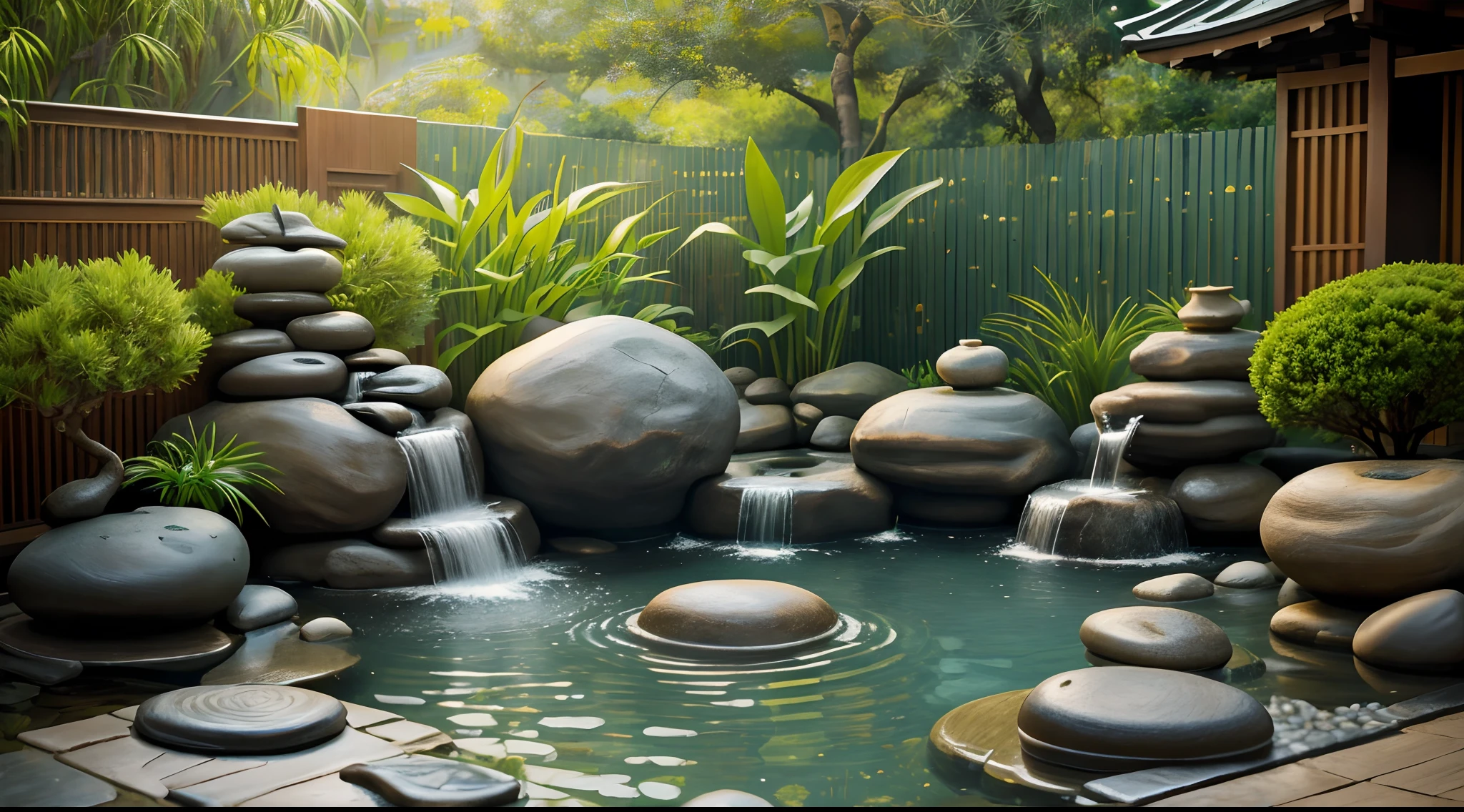 zen garden with water fountain with bamboo and flower, water falling from the bamboo spout with black stones around a sheet of water and blurred green background