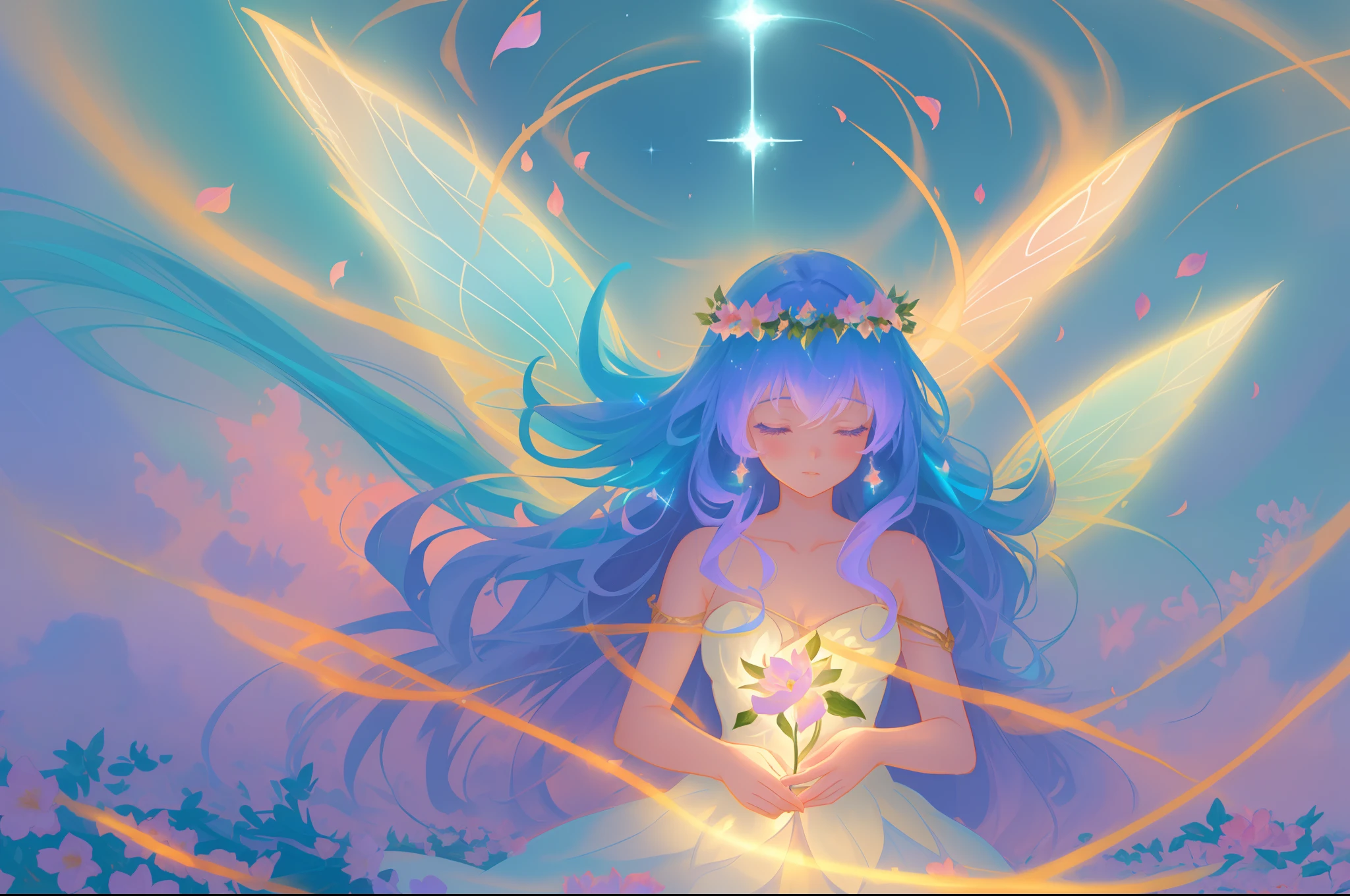 beautiful girl in fairy dress made of flower petals, beautiful fairy queen surrounded by colorful tiny pixies and fairies, glowing tiny fairies, (glowing fairy wings), glowing flowing ballgown, long wavy hair, sparkling fairy wings, watercolor illustration, flowers and colorful plants, inspired by Glen Keane, inspired by Lois van Baarle, disney art style, by Lois van Baarle, glowing aura around her, by Glen Keane, jen bartel, glowing lights! digital painting, flowing glowing hair, glowing flowing hair, beautiful digital illustration, fantasia otherworldly landscape plants flowers, beautiful, masterpiece, best quality, anime disney style
