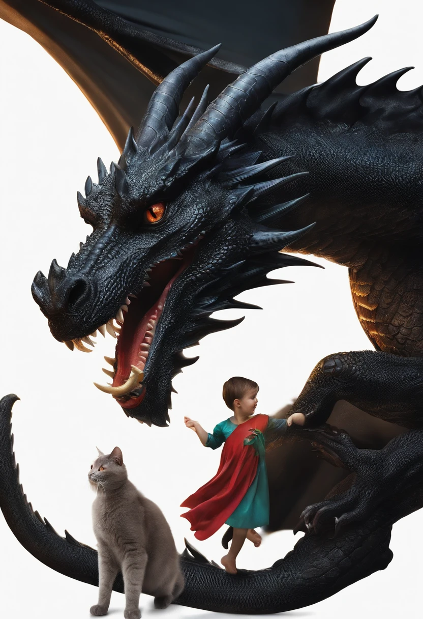 black dragon playing with cat