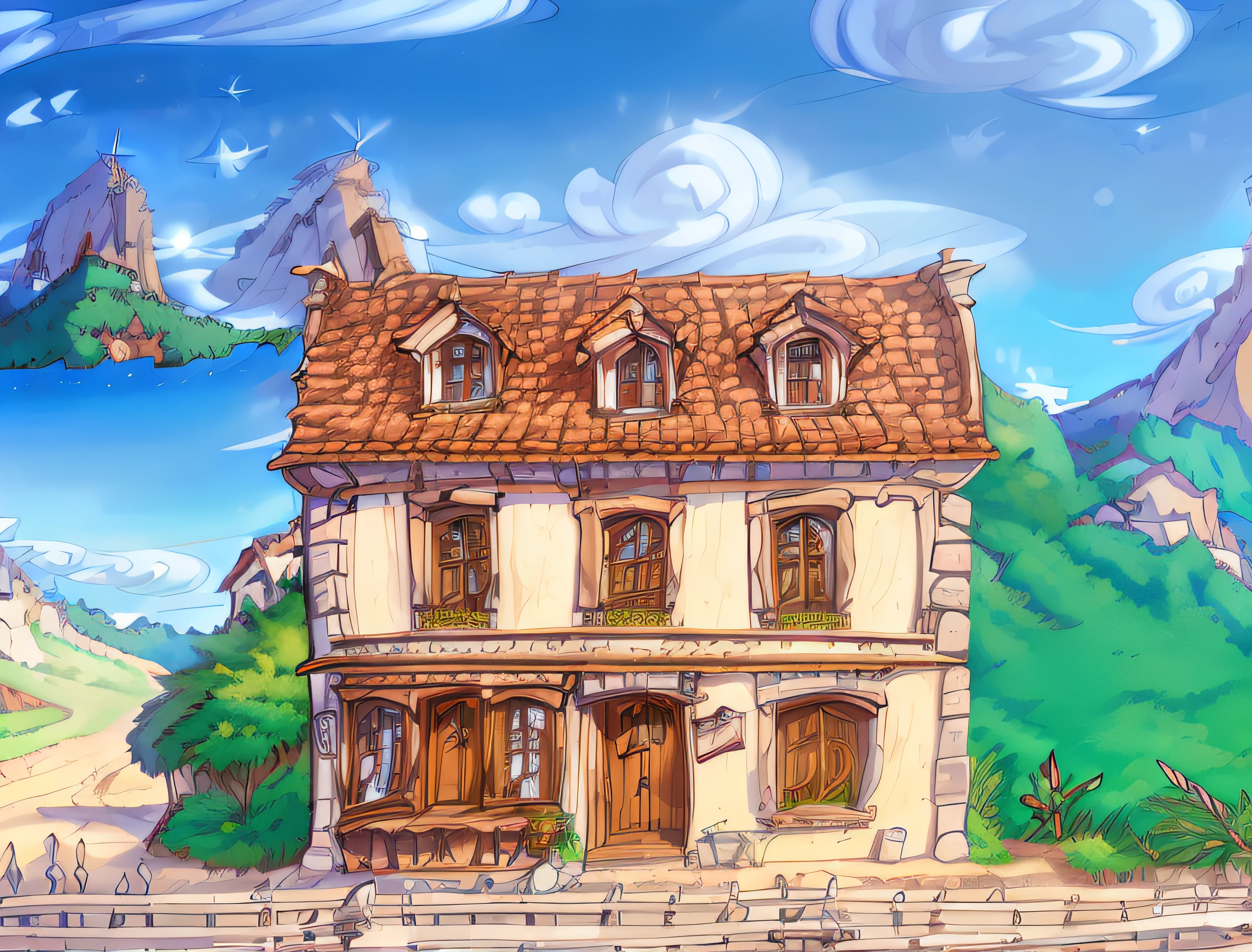 Anime-style house with mountains as a backdrop, french village exterior, town background, fundo de casa, Lafitte House, French new, town center background, Freddie Mamani Sylvester façade, arte de fundo, artwork of a building, tavern background, Anime background art, Anime landscape concept art, hyper detailed scene, house、Shops and buildings, 2d game environment design，Q version build,quadratic element,Pure flat wind，