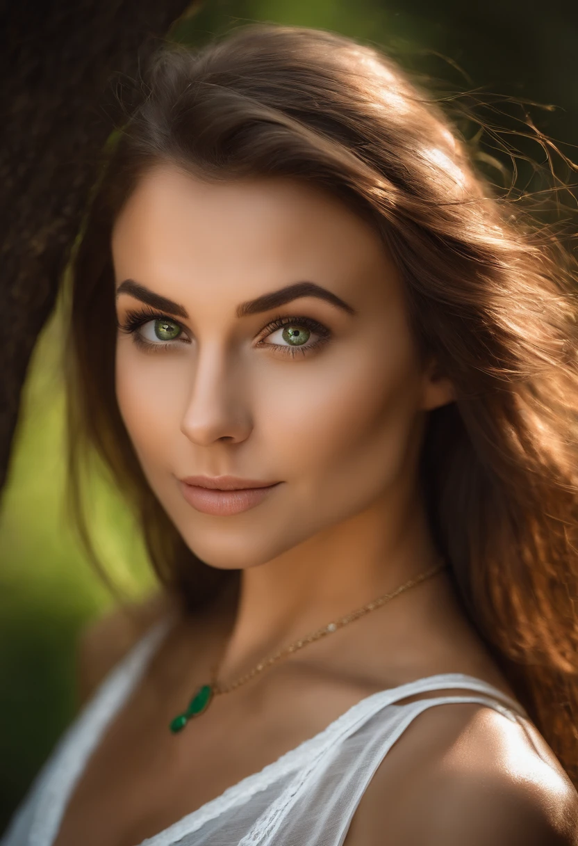 arafed woman with a white tank top and a necklace, sexy girl with green eyes, portrait, brown hair and large eyes, selfie of a young woman, without makeup, natural makeup, looking directly at the camera, face with artgram, subtle makeup, stunning full body shot, piercing green eyes, beautiful angle, attractive pose, cute girl, sexy pose, full body picture, full body, full body shoot, brunette goddess, high detail,