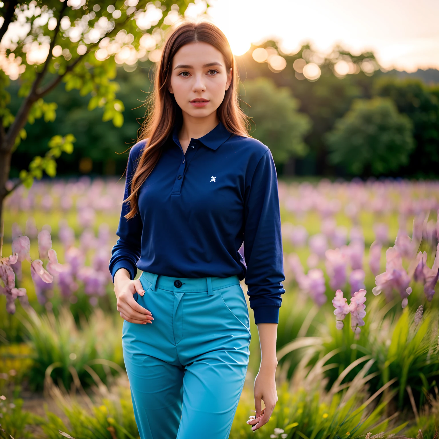 Woman in blue shirt and blue pants standing in field, breeches, Wearing a polo shirt, photo 85mm, Monika, in a navy blue polo shirt, aleksandra waliszewska, soft natural lighting, soft natural lighting, Jodhpura neckline coat, Evening sun, springtime, England, guapo, Pale blue outfit