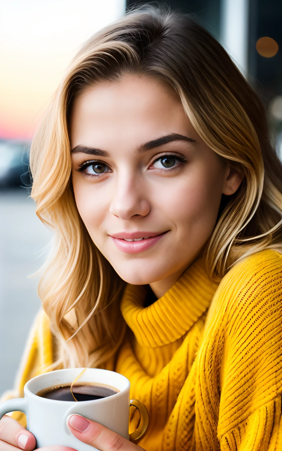 beautiful blonde wearing yellow sweater (sipping coffee inside a modern café at sunset), very detailed, 19 years old, innocent face, natural wavy hair, brown eyes, high resolution, masterpiece, best quality, intricate details, highly detailed, sharp focus, detailed skin, realistic skin texture, texture, detailed eyes, professional, 4k, charming smile, shot on Canon, 85mm, shallow depth of field,  kodak vision color, perfect fit body, extremely detailed, foto_\(ultra\), photorealistic, realistic, post-processing, maximum detail, roughness, real life, ultra realistic, photorealism, photography, 8k uhd, photography