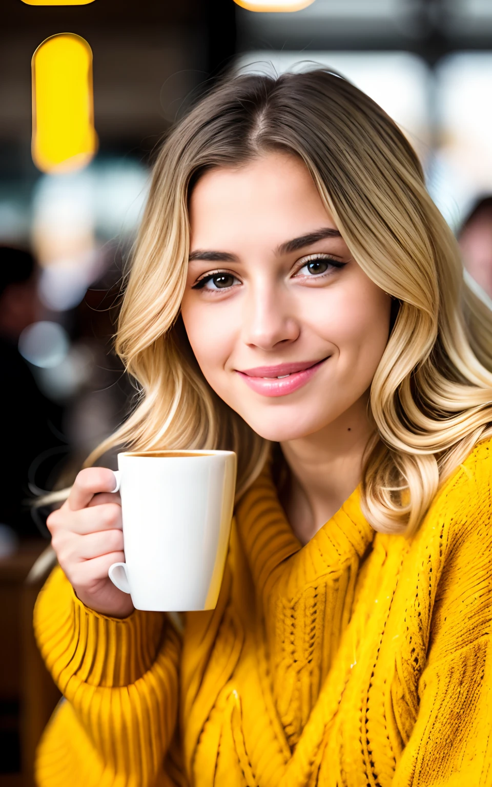 beautiful blonde wearing yellow sweater (sipping coffee inside a modern café at sunset), very detailed, 19 years old, innocent face, natural wavy hair, brown eyes, high resolution, masterpiece, best quality, intricate details, highly detailed, sharp focus, detailed skin, realistic skin texture, texture, detailed eyes, professional, 4k, charming smile, shot on Canon, 85mm, shallow depth of field, kodak vision color, perfect fit body, extremely detailed, foto_\(ultra\), photorealistic, realistic, post-processing, maximum detail, roughness, real life, ultra realistic, photorealism, photography, 8k uhd, photography