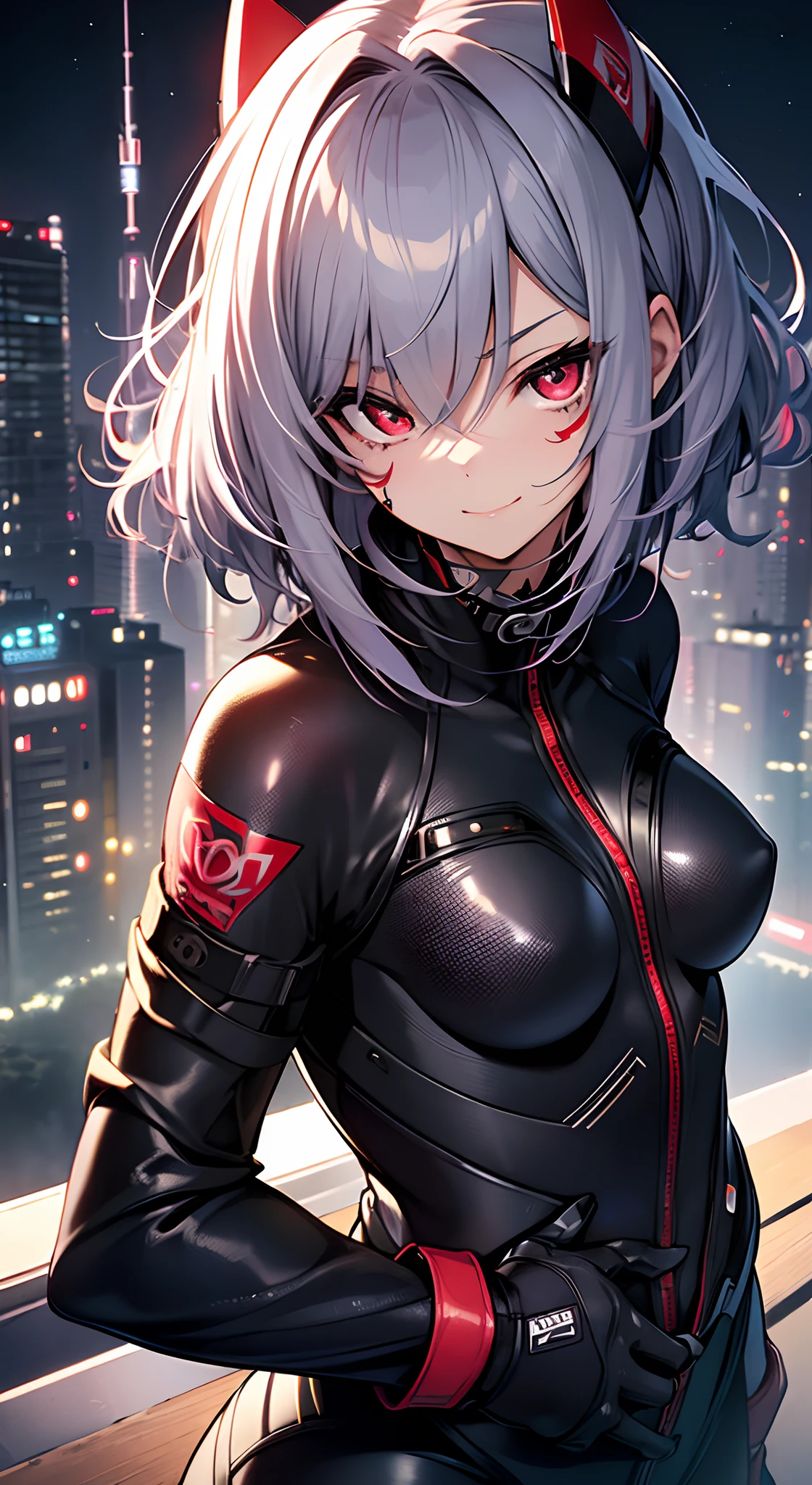 top-quality、Top image quality、in 8K,4K,masterpiece、、ultra-detailliert、Beautiful、ultra-quality、adult-like、Cool、girl with(((18year old、rubbersuit:1.2、small tits、silber hair、a short bob、Red Eyes、erotick:1.1、Happiness、The tattoo)))、hiquality、visualart、Background with((nightcity:1.2))、masutepiece