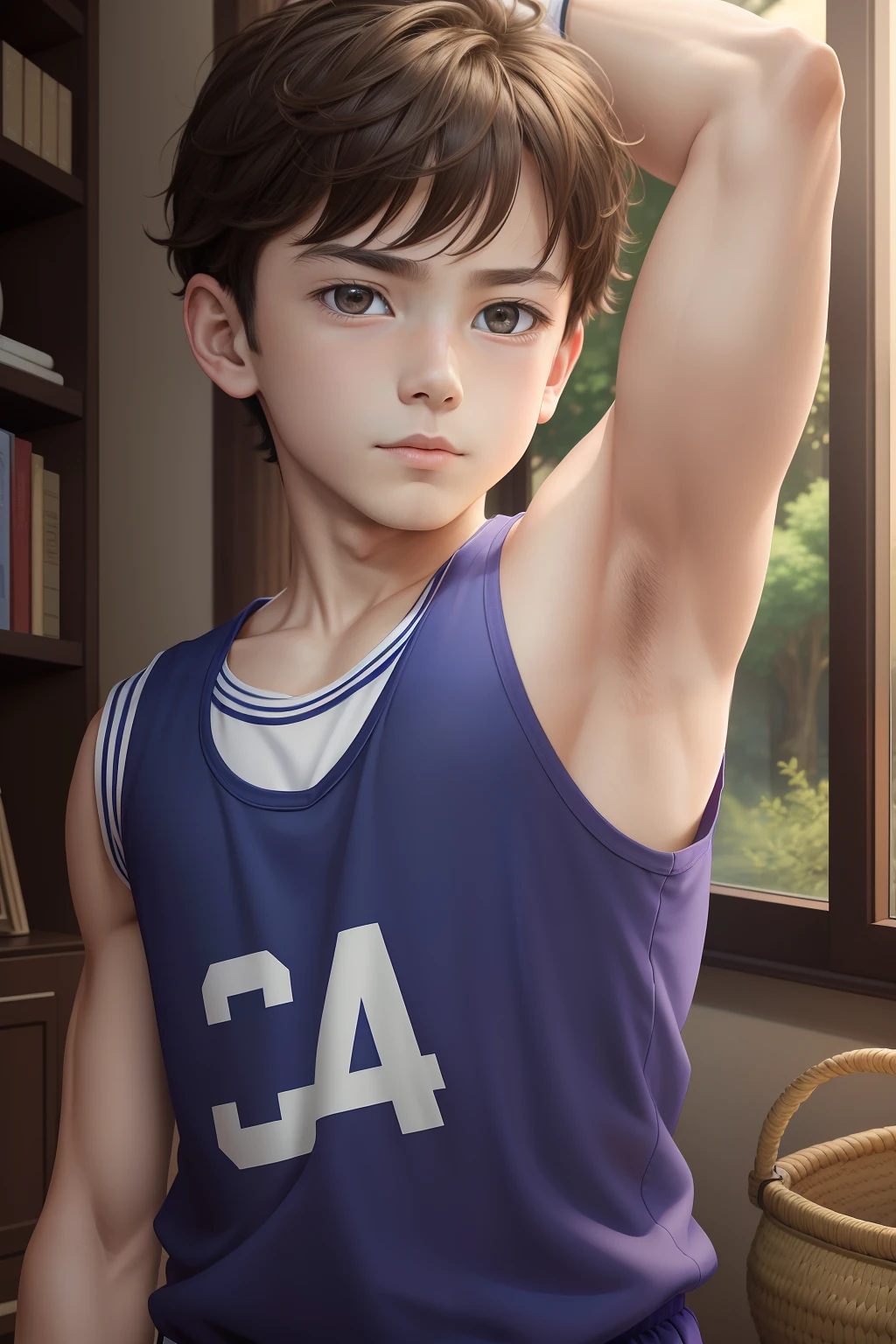 highres,Masterpiece， Best quality at best,Best Quality,hight quality, hight detailed, realistic, photorealistic, Anime style, 1boy,  Boy, indoor, Cheerful boy, basket uniform,Tank Tops, (show his armpit, focus on the armpit, zoom in to the armpit), boy focus