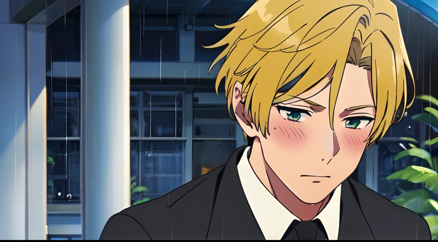 Masterpiece, Best Quality, 1Boy, Blonde hair, green eyes, rain, uniform, blush