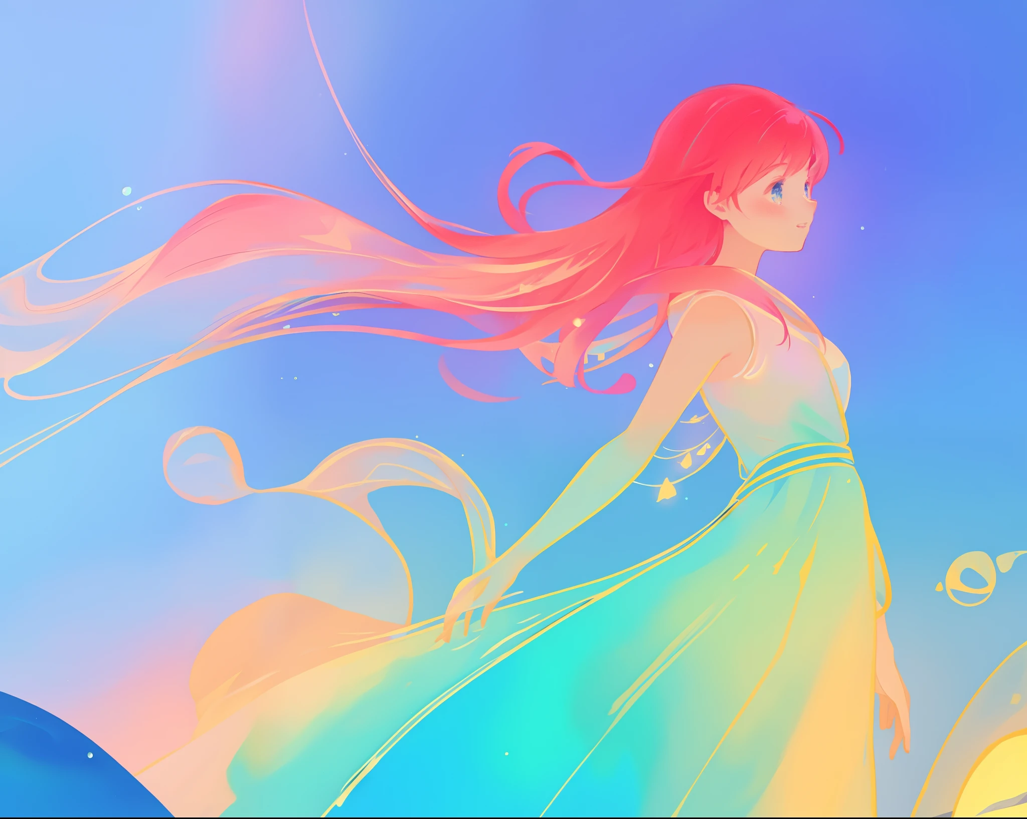 beautiful anime girl in colorful ballgown, vibrant pastel colors, (colorful), magical lights, sparkling liquid light, inspired by Glen Keane, inspired by Lois van Baarle, disney art style, by Lois van Baarle, glowing aura around her, by Glen Keane, jen bartel, glowing lights! digital painting, flowing glowing hair, glowing flowing hair, beautiful digital illustration, fantasia background, whimsical, magical, fantasy, beautiful face, ((masterpiece, best quality)), intricate details, highly detailed, sharp focus, 8k resolution, sparkling detailed eyes, liquid watercolor