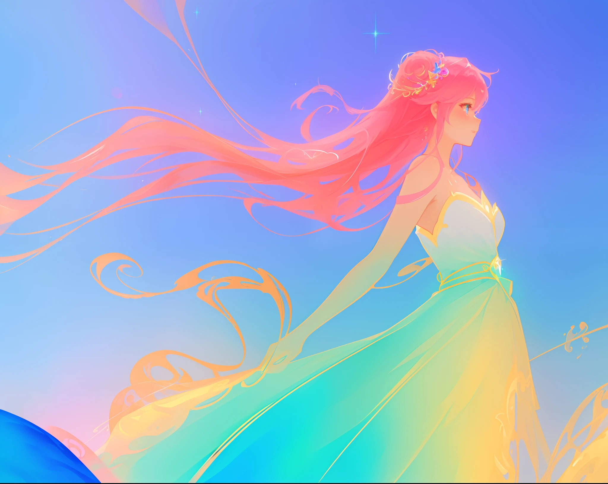 beautiful anime girl in colorful ballgown, vibrant pastel colors, (colorful), magical lights, sparkling liquid light, inspired by Glen Keane, inspired by Lois van Baarle, disney art style, by Lois van Baarle, glowing aura around her, by Glen Keane, jen bartel, glowing lights! digital painting, flowing glowing hair, glowing flowing hair, beautiful digital illustration, fantasia background, whimsical, magical, fantasy, beautiful face, ((masterpiece, best quality)), intricate details, highly detailed, sharp focus, 8k resolution, sparkling detailed eyes, liquid watercolor