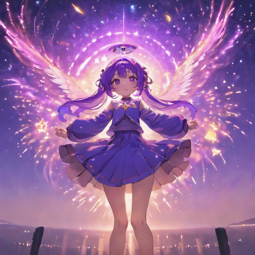 masterpiece、top-quality、Movie stills、女の子1人、云、Stars in the sky、Flying in the air、More than 20 colored stars、Multicolored stars、a closeup、with light glowing、Happiness、Warm and soft lighting、the setting sun、(Spark:0.7)Eyes are purple,purple color hair、Circle of Angels、both hands behind head、Raise your hair with your hands、Hair color is purple,Long hair,Bun Ponytail,masutepiece, Best Quality, pixiv,blacklight,bluntbangs,portraitures, ornament detached, height 170cm,Purple eyes,Deities々Shishihitomi, Super long hair, doress、doodle, murky, natta, SHINES、 from the rear,Squat position,cowboy shot,purple color hair,Miraculous body lines,,Hands are not visible with too long sleeves,hands not visible、 BREAK (masutepiece:1.2), The moment the fireworks are launched、Best Quality, High resolution, Hands in pockets、Hands hide behind the waist、Arms crossed behind your back、bending forward、long legged、Menace dress、Unity 8k壁纸,Many stars all over the sky,Starry sky shining in the night sky、Meteor swarm,Stare at me in a slouched position,Dance moments、Lots of shooting stars、Shooting stars in the sky、extremely details CG, (Perfect hands, Perfect Anatomy)