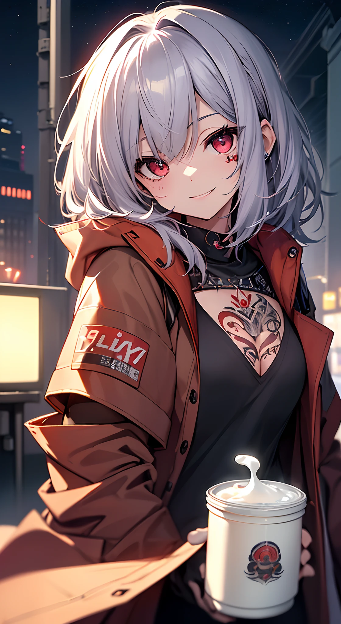 top-quality、Top image quality、in 8K,4K,masterpiece、、ultra-detailliert、Beautiful、ultra-quality、adult-like、Cool、girl with(((18year old、Pitch Inner:1.2、Put on your coat、Normal milk、silber hair、a short bob、Red Eyes、erotick:1.1、Happiness、The tattoo)))、hiquality、visualart、Background with((nightcity:1.2))、masutepiece
