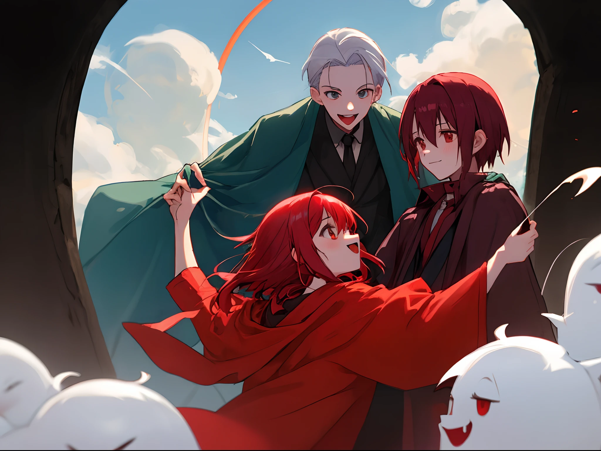 master part, best quality, Altas, 1girl, sozinho, vampiro moderno, red hair, cabelos longos, cabelos abertos, olhos vermelhos, sorriso maligno, 2 meninos de ambos os lados, ambos vampiros com cabelos ruivos, Roupa vermelha e preta, fundo assustador