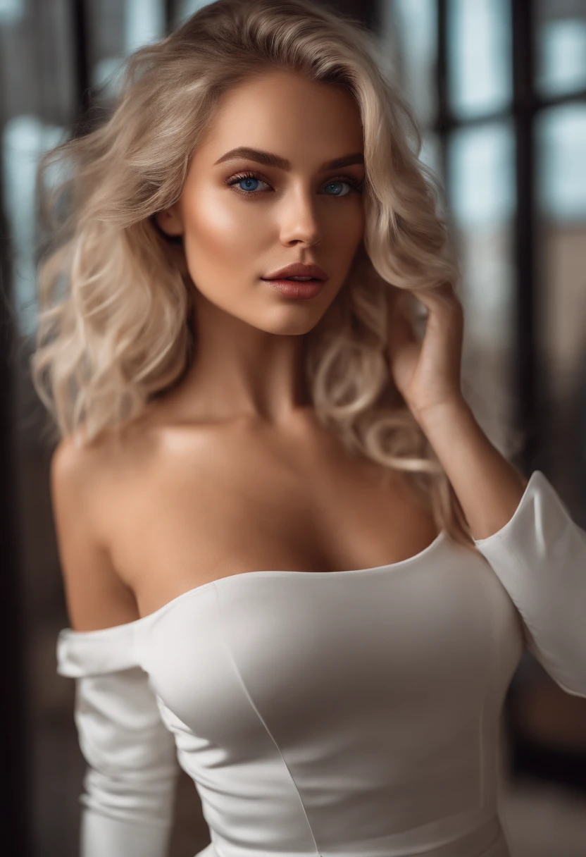 ((Best quality, 8k, Masterpiece: 1.3)), Sharp focus: 1.2, A beautiful (European) woman with perfect body: 1.4, goddess: 1.2, ((Layered haircut, Large breasts: 1.2)), (no bra) (Small and beautiful hard nipple) (Thin and damp button up to shirt length: 1.1), Highly detailed face and skin texture, Detailed eyes, Double eyelid, tanned skin, sexy, tan, perfect skin, exposed shoulders, cleavage, on the street