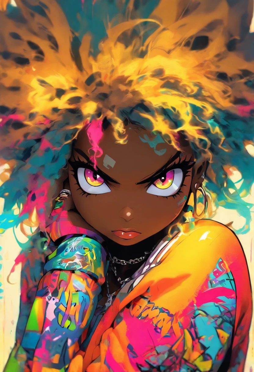 The most beautiful and sexy punk rock girl, black Afro, huge boobs, cabello color arco iris, ojos amarillos, dark skin, usar una sudadera con capucha, Graphic design jacket and torn skinny jeans, toneladas de tatuajes y piercings, Obra maestra perfecta, alta calidad, High resolution, big tits