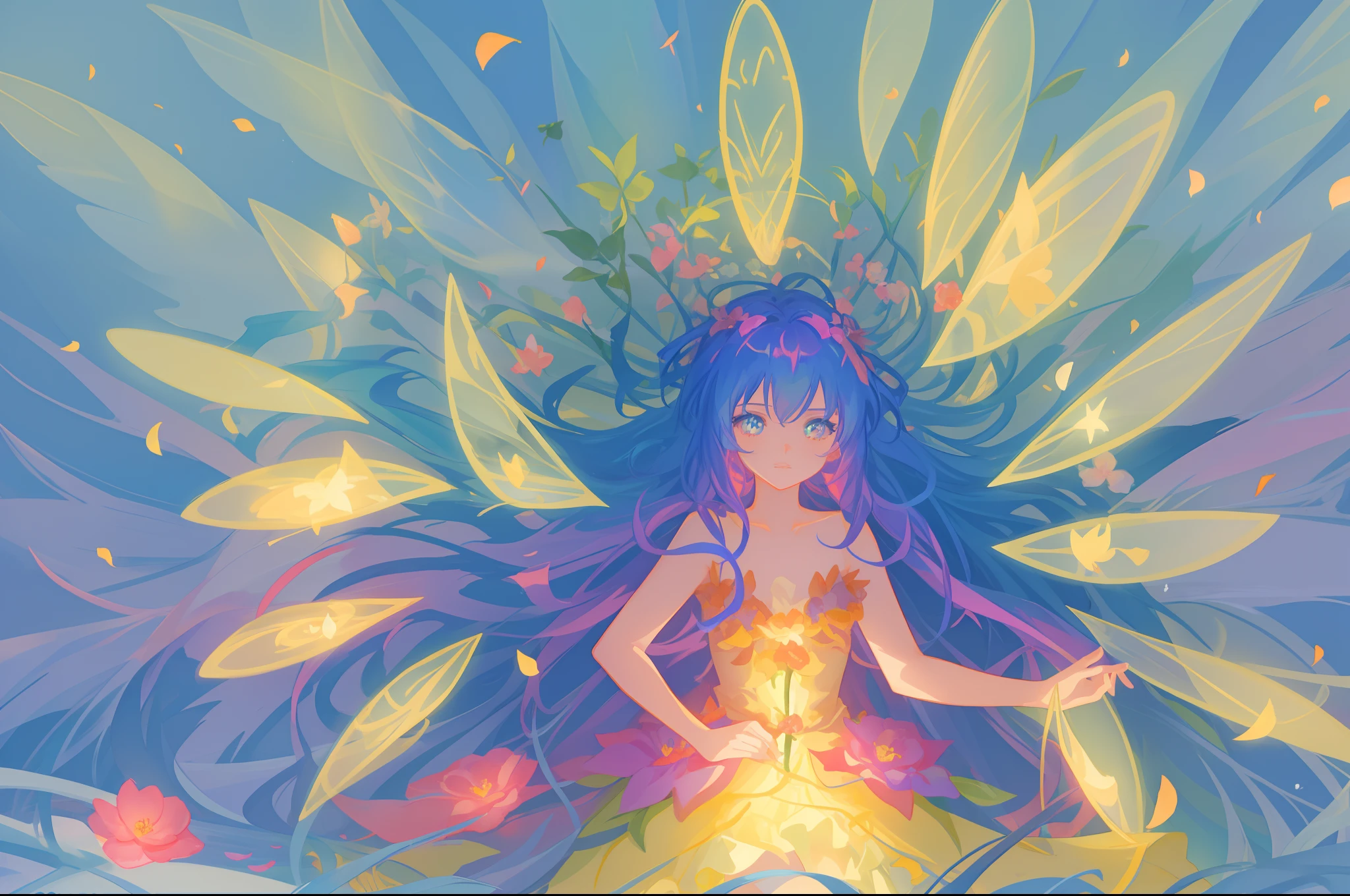 beautiful girl in fairy dress made of flower petals, beautiful fairy queen surrounded by colorful tiny pixies and fairies, glowing tiny fairies, (glowing fairy wings), glowing flowing ballgown, long wavy hair, sparkling fairy wings, watercolor illustration, flowers and colorful plants, inspired by Glen Keane, inspired by Lois van Baarle, disney art style, by Lois van Baarle, glowing aura around her, by Glen Keane, jen bartel, glowing lights! digital painting, flowing glowing hair, glowing flowing hair, beautiful digital illustration, fantasia otherworldly landscape plants flowers, beautiful, masterpiece, best quality, anime disney style