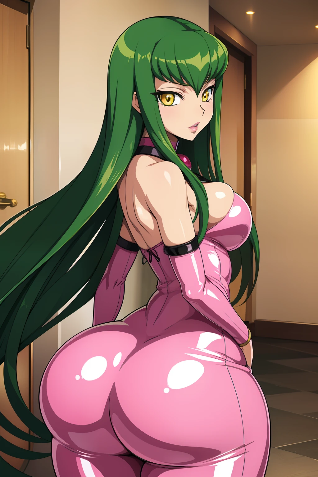 Code Geass, C.C, 1girl, (((bimbo))), long green hair, yellow eyes, puffy lips, painted lips, thick lips, wide hips, thick thighs, small breasts, erotic face, shiny skin, pink erotic suit, huge round ass, posing with ass,