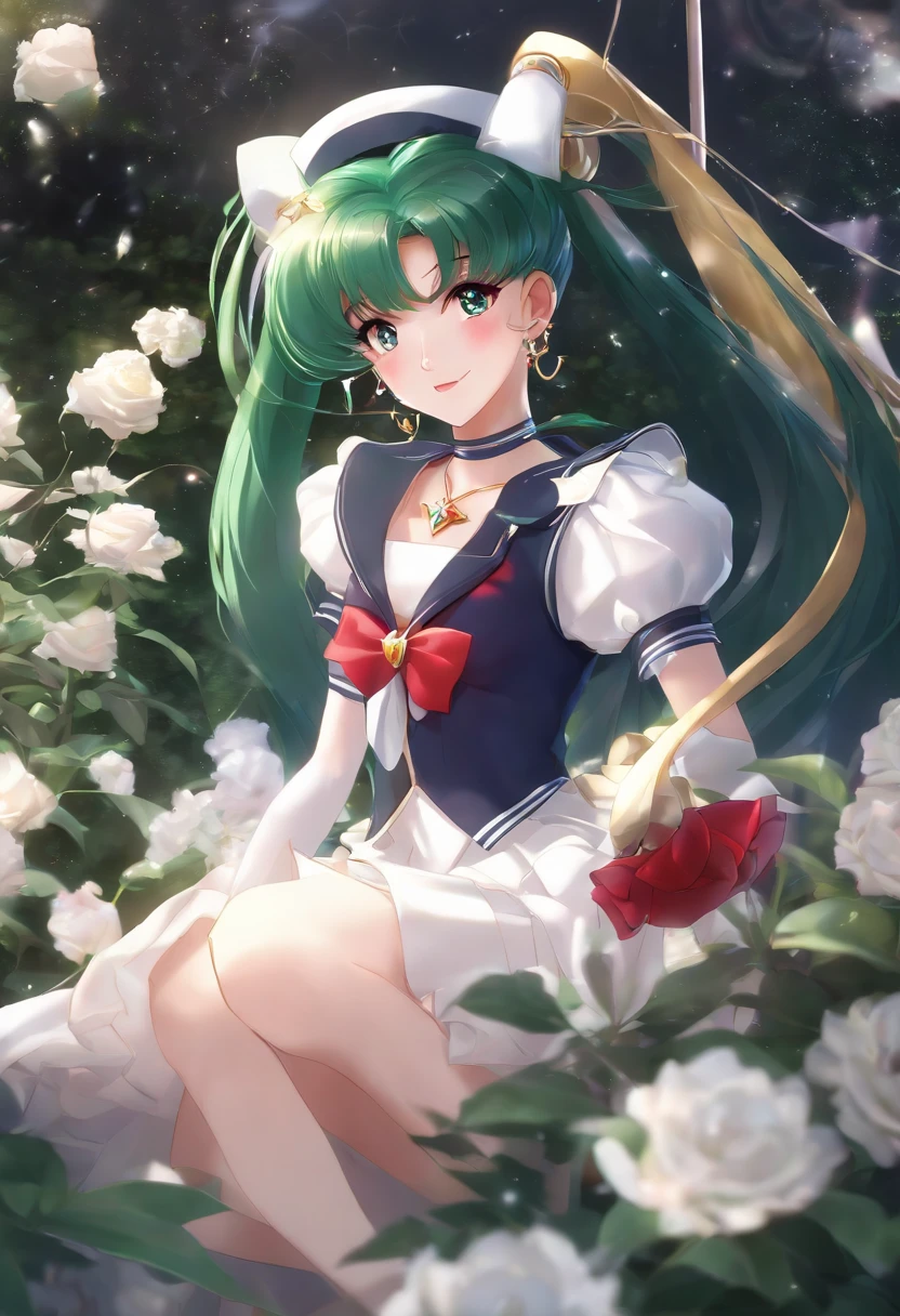 Masterpiece, Best Quality, High Resolution, 1girl, Solo, Ponytail, Green Hair, (Elbow Gloves), Headdress, dark red  Bow, Tight Top, (Black Sailor Collar), White Gloves, Earrings, Smile, Pure Background, Clean Background, white Background, Black Skirt, (Sailor Pluto Uniform), (Sailor Pluto Uniform), Standing, Leng Jun, White Top, Elbow Gloves